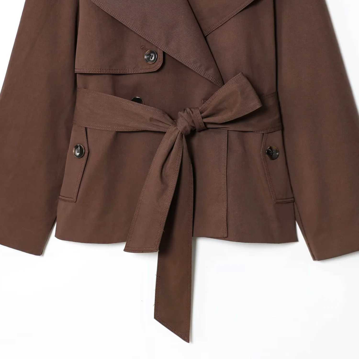 Autumn Womens Short Trench Coat Deep Brown Turn Down Collar Lace up Jacket Korean Style Lady Outerwear CoatT251216