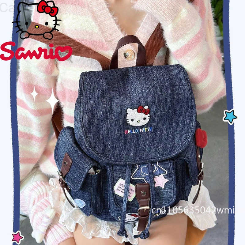 Sanrio New Denim Backpack Fashionable High Quality Womens Drawstring Backpack Cartoon Versatile Large Capacity Girls Storage Backpack H251216