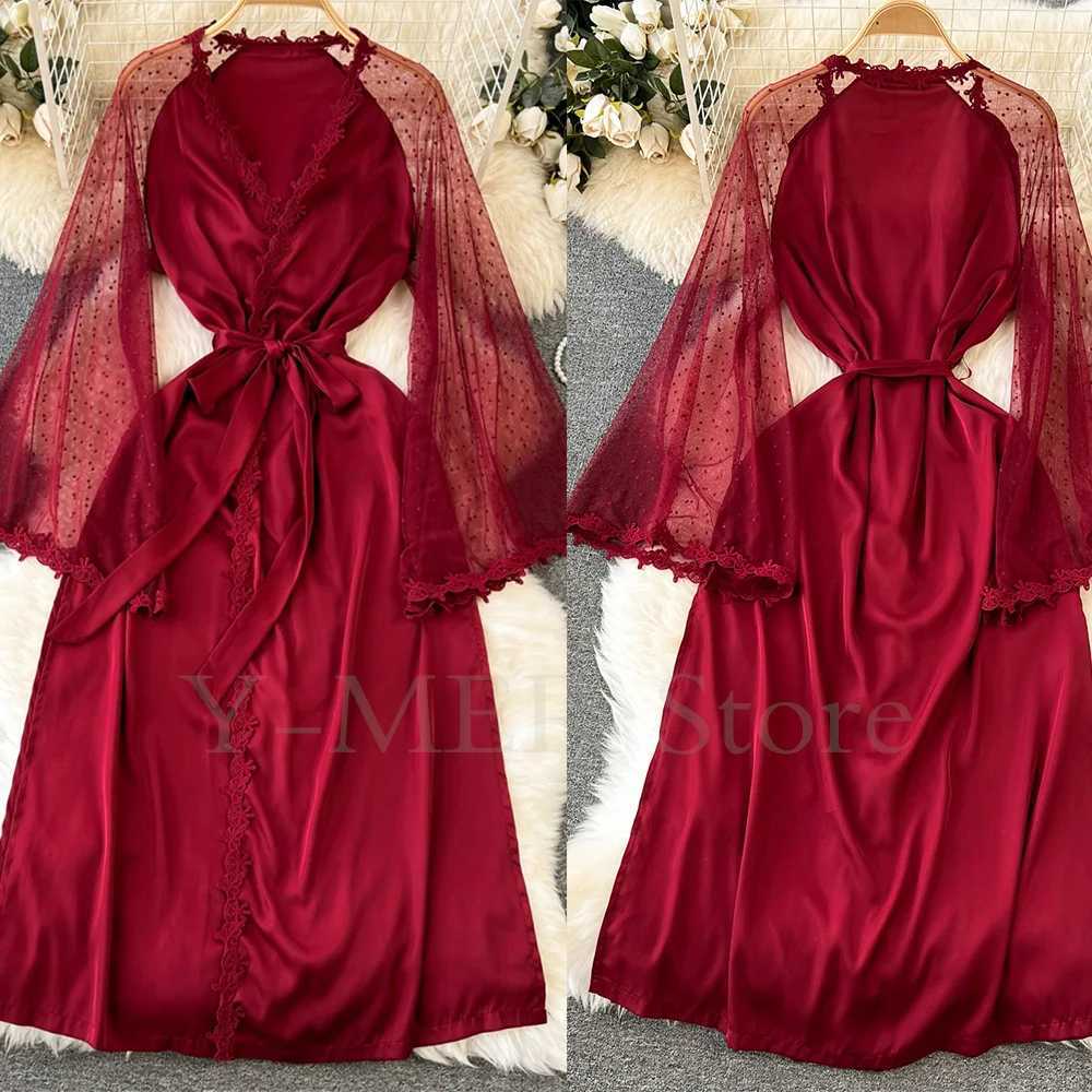 Sexy Embroider Edge Lady Kimono Bathrobe Dress Gown Mesh Sleeve Wedding Long Robe Sleepwear Loose Silk Satin Nightwear Lingerie C251216