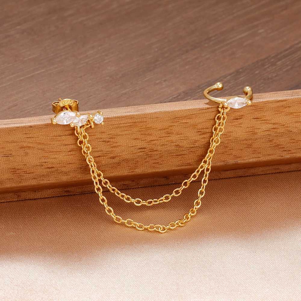 1PC Stainless Steel Chain Tassel Zircon Drop Earrings For Women 14K Gold Plated Geometric Ear Clip Earrings Wedding Jewelry G251216