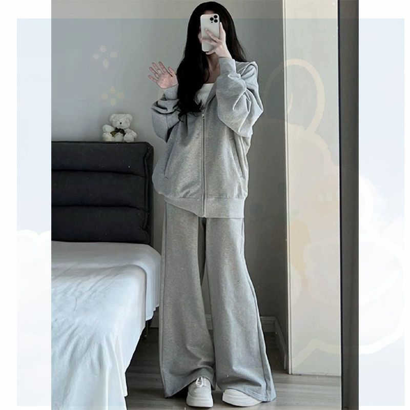 Knit Jacket Trousers Lady Set Hooded Zipper Jackets High Waist Straight Long Pants Casual Versatile Womens Sets W251104