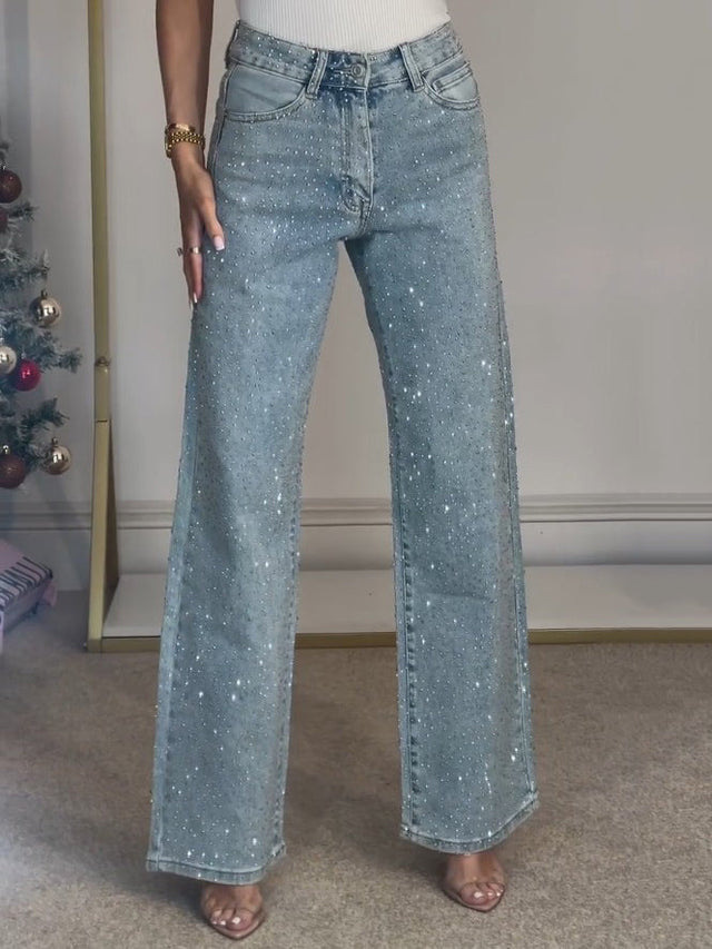 Women's Jeans Women's full-rhinestone washed jeans, high-waisted straight-leg pants with a sophisticated look, trendy long pants for women