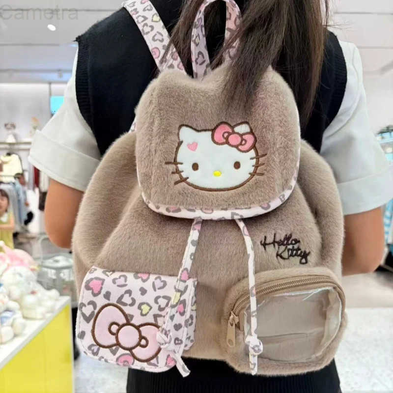Sanrio New Hello Kitty Plush Ruffled Drawstring Backpack Portable for Commuting Cute Cartoon Anime Surprise Gift for Girls H251216