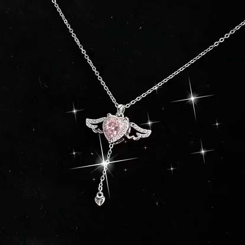 Cupid 18K Gold Plated Necklace Angel Wings Heart Tassel Pink Zircon Pendant Necklace for Women M251216