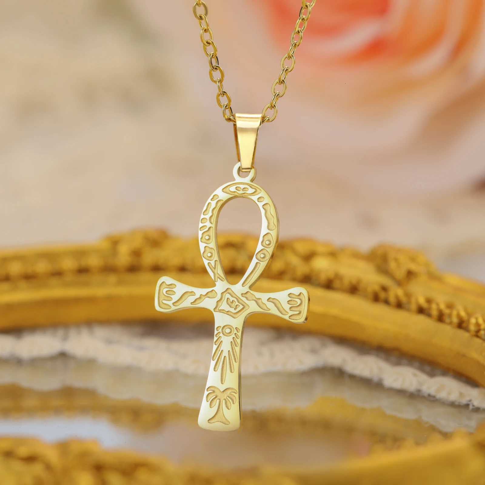 Lucktune Ankh Cross Egyptian Amulet Necklace Stainless Steel Key of Life Symbol Crucifix Pendant Necklace Women Religion Jewelry M251216