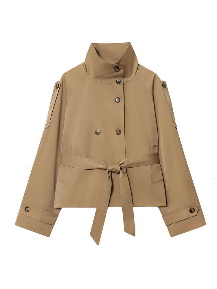 TFMLN Autumn New Women Double Breasted Short Trench Coat With Belt Elegant Stand Collar Street Windbreaker Female Chic OutwearsT251216