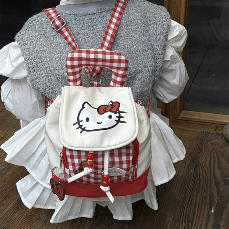 Sanrio Hot Hello Kitty Red Plaid Cute Kt Cat Backpack Female Cartoon Printing High Value Large Capacity Sweet Girl Mini Backpack H251216