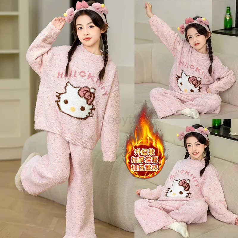 Sanrio 2Pcs Hello Kitty Kids Plush Pajamas Set Anime Kawaii Cartoon Print Comfortable Girl Cartoon Flannel Casual Home Clothes H251216