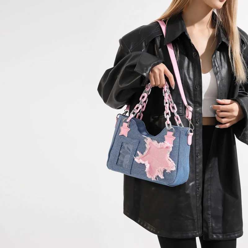 Vintage Shoulder Underarm Fashion Star Design Tote Denim Crossbody Bag Women Chain Zip Purses and Handbags M251216