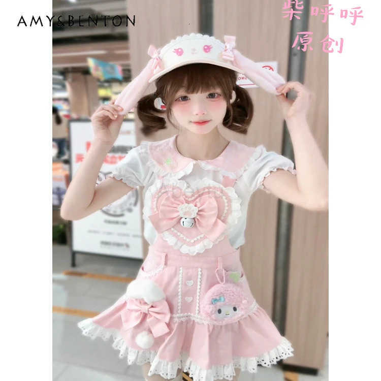 Sanrio Kawaii Girl Pink Strap Skirt Sets Summer New Sweet Cute Bow Love Suspender Slim Mini Dress Shirt Two Piece Sets Womens Outifits H251216