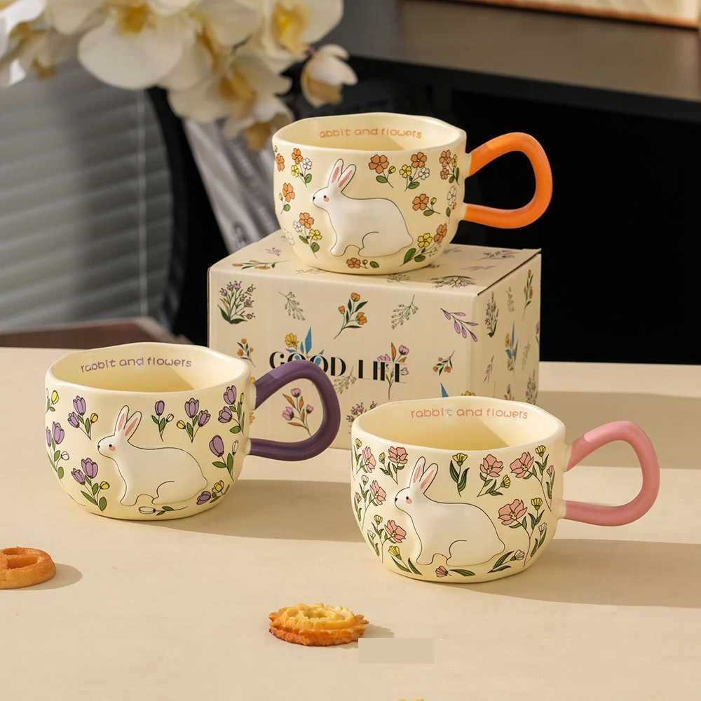 Rabbit Ceramic g Floral Pattern Milk Cup Colorf Drinkware Cute Design Embossed Design Teacup For He Tableware H251215