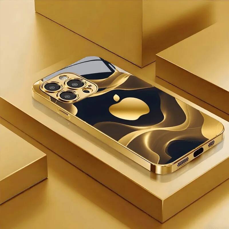 Gilded Fluid Apple Pattern Gold Metallic Paint Glass Phone Case For iPhone 11 12 13 14 15 16 17 Pro Max Plus 17Air 16E Cover