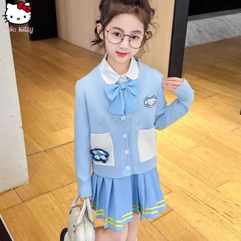 Sanrio Anime Girls New Jk Skirt Suit Cinnamoroll Fashion Cosplay Kawaii Comfortable Cartoon Knitted Cardigan Cotton Soft Shirt H251216