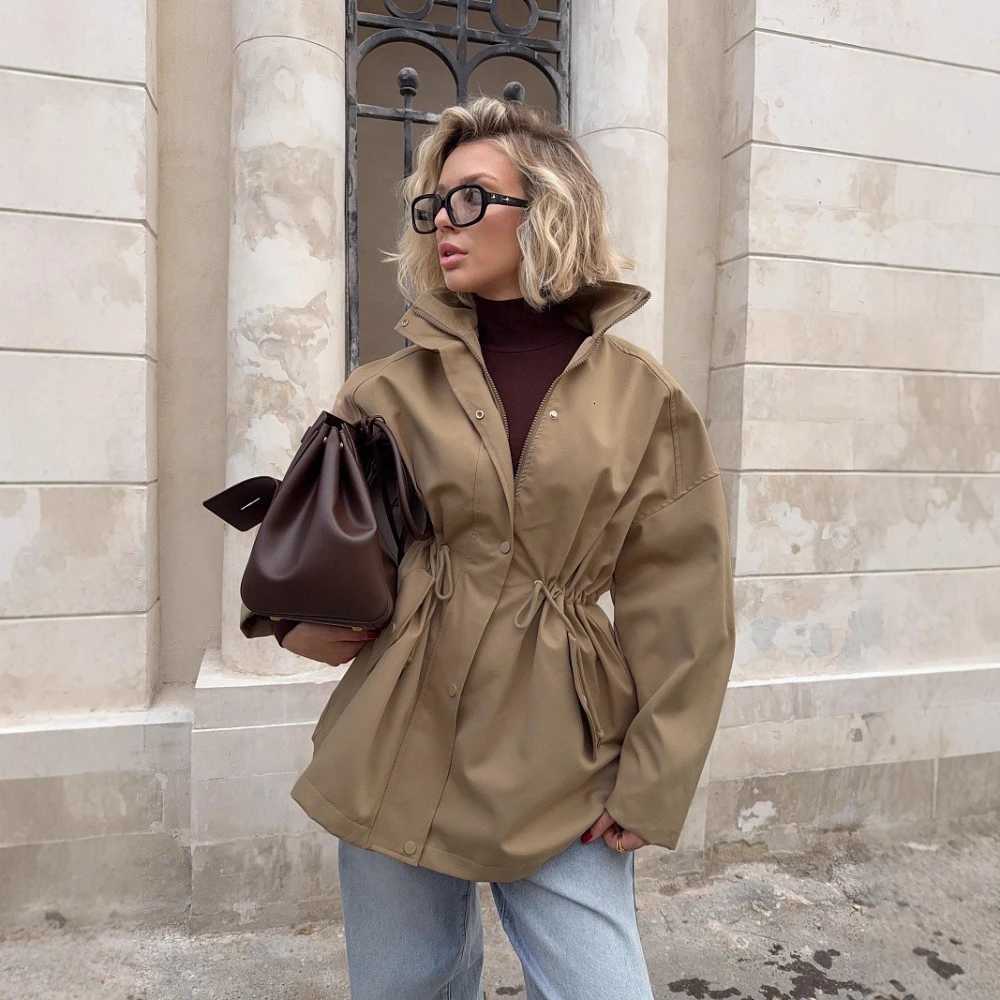 New in Stand-up Collar Medium Long Trench Coat Drawstring Waist Jacket European American Pure Cotton Trench Coat Jacket WomenT251216