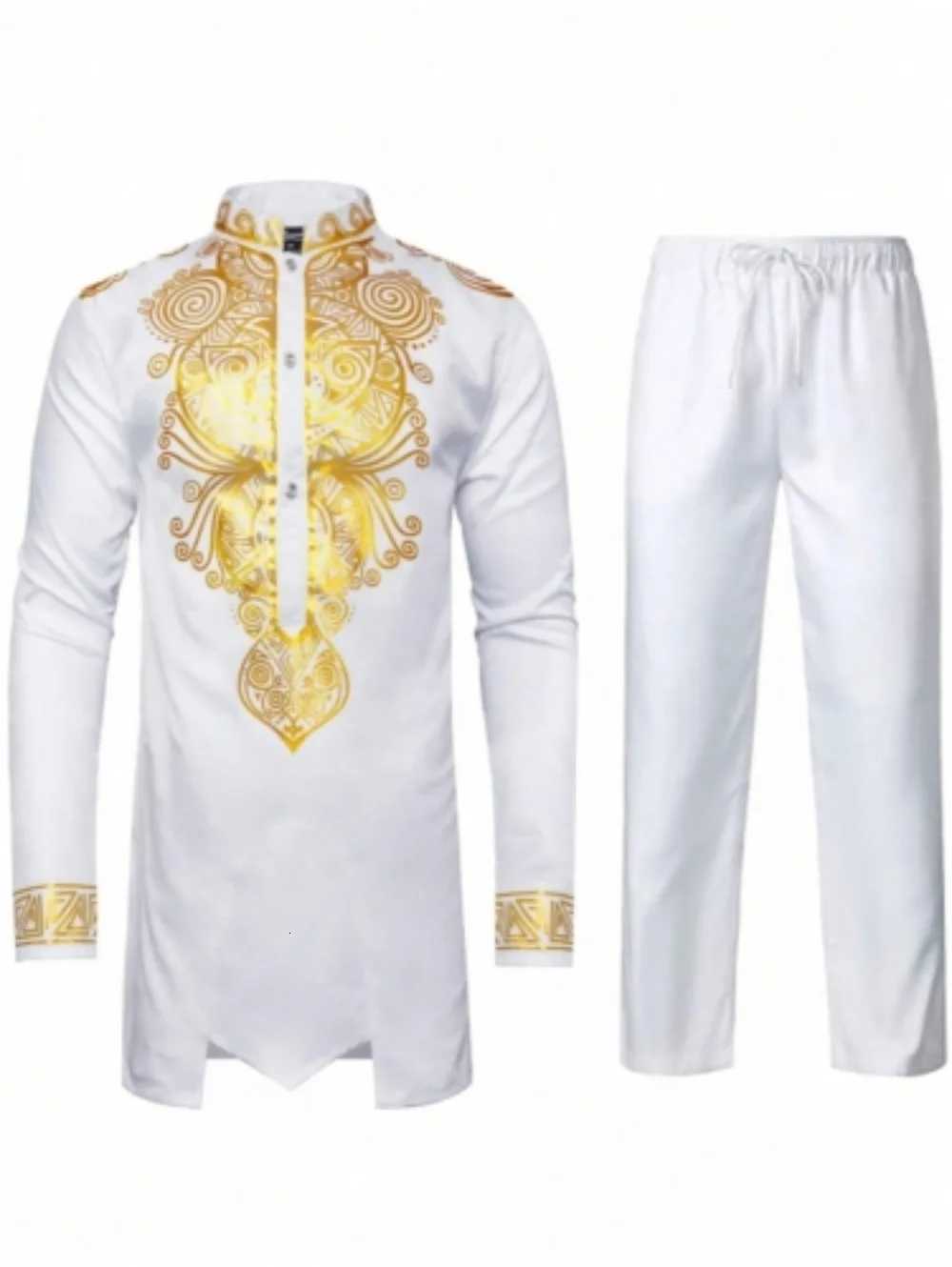 Men African Two Piece Set Traditional Suit Long Sleeve Gold Print Shirt Pants Party Africa 2024 Summer Gentleman Ethnic Outfit W251216