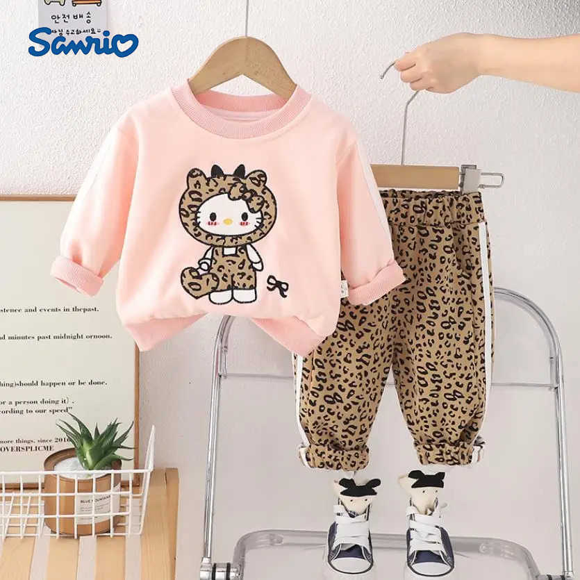 Sanrio 2025 Spring Boutique Girls Outfits Designer Cartoon Cute Leopard Print Long Sleeve T-shirts Pants Two Piece Sets Kids Tracksuits H251216
