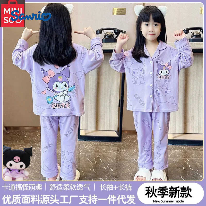 Sanrio Kuromi Girls Pajama Sets Comfortable Pure Cotton Jacquard Long Sleeve Childrens Set Cinnamoroll Girls Clothes Autumn Winter H251216