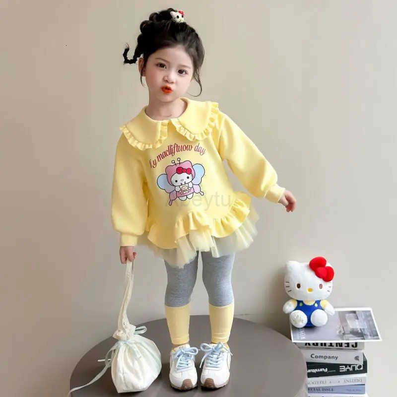 Sanrio Two-Piece Set Hello Kitty Spring Autumn Girl Cartoon Autumn Clothing Outdoors Sweet Cute Mesh Peter Pan Collar Hoodie Leggings H251216