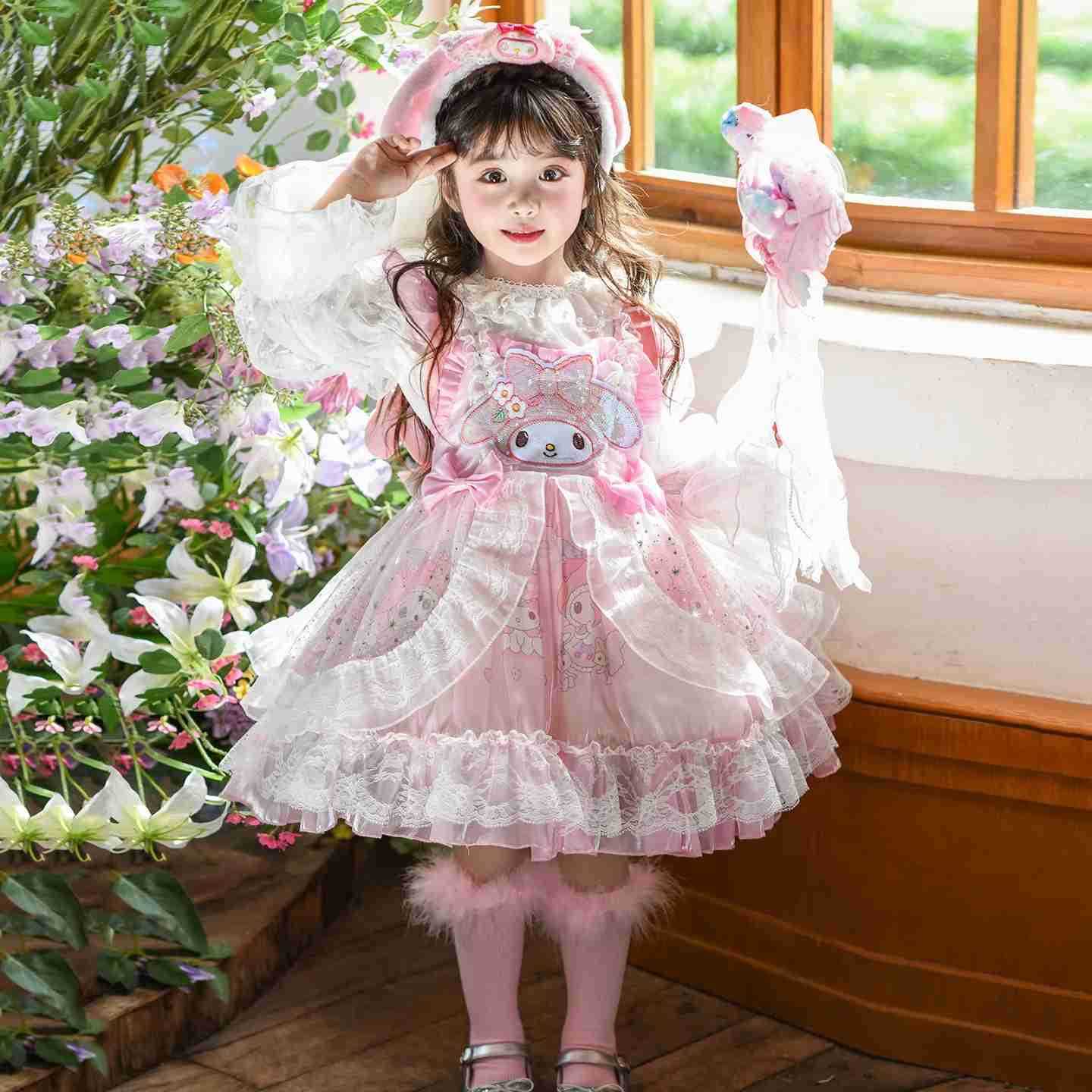Sanrio Anime My Melody Vintage Lace Girls Lolita Dress with Ruffled Tutu Skirt Sequin Princess Layered Ball Gown for Kids Party Wear H251216