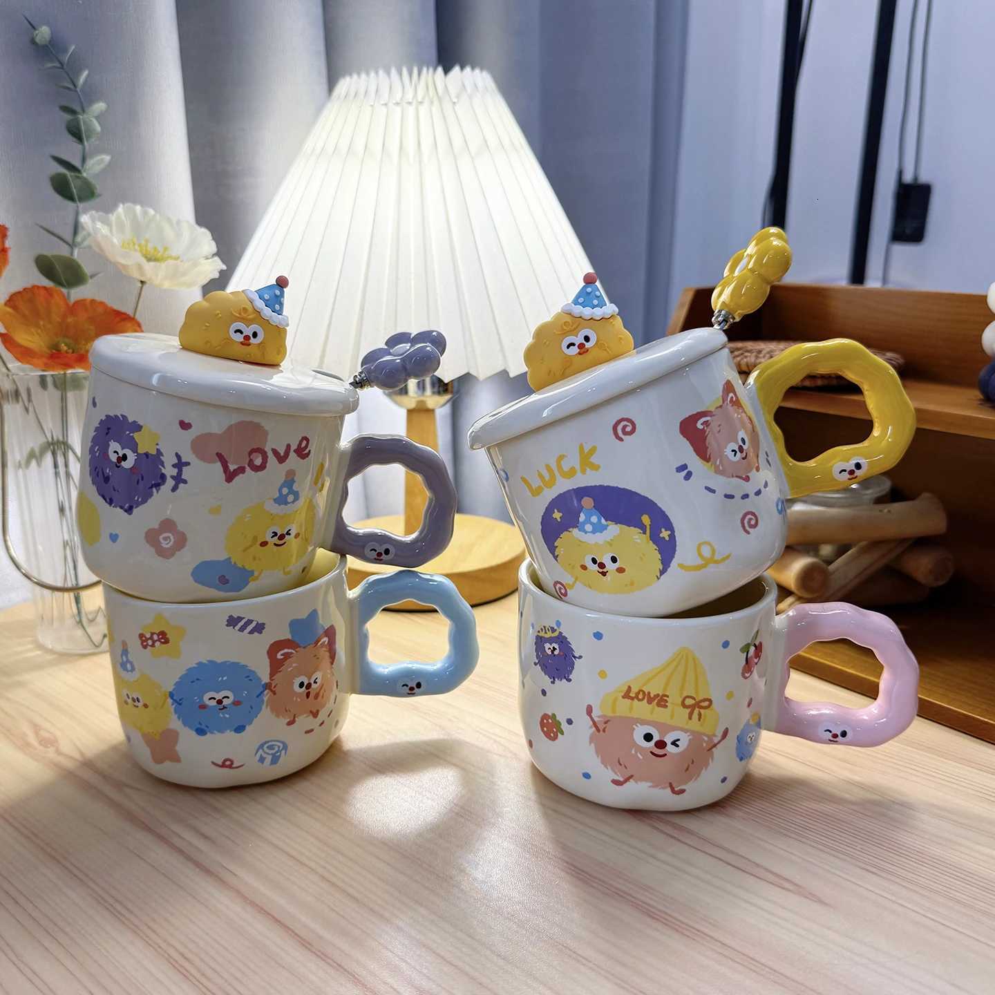 Ceramic Cup with Lid and Spoon High Appearance Water Cup Wens g Cute He Off Coffee Breakfast Cup H251215