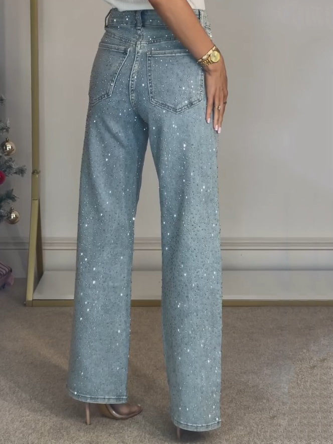 Women's Jeans Women's full-rhinestone washed jeans, high-waisted straight-leg pants with a sophisticated look, trendy long pants for women