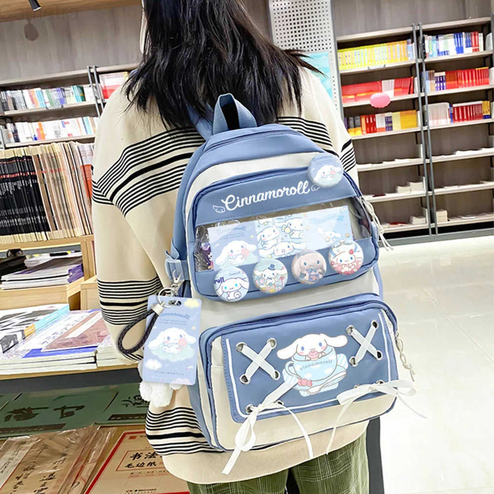 Sanrio Kawaii Cinnamoroll Anime Schoolbag With Badge Card Holder Cartoon Bagpack Large Capacity School Bag Back-to-School Gifts H251216
