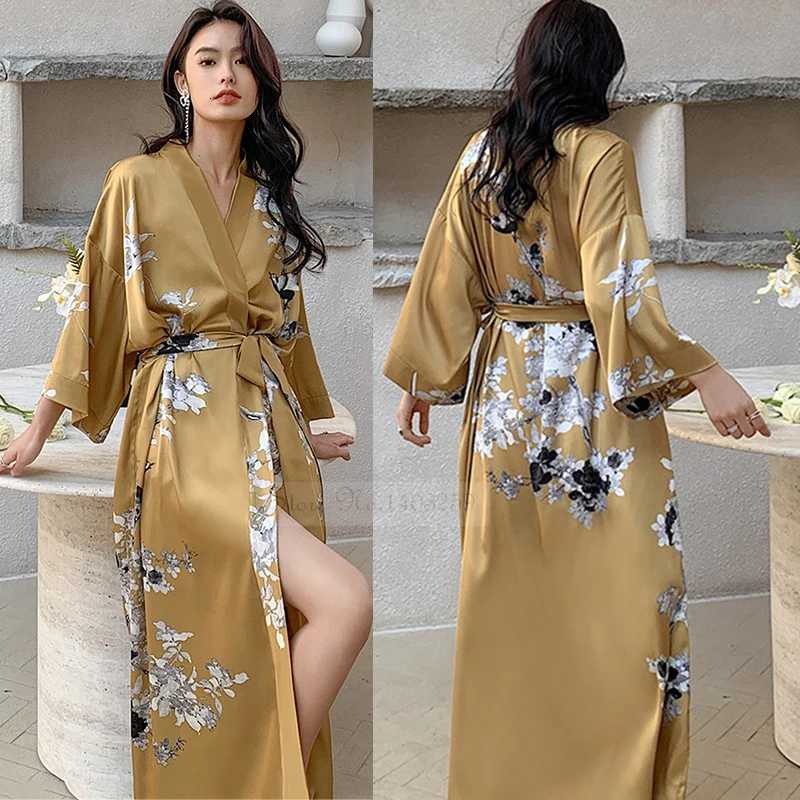 Print Flower Long Kimono Bathrobe Gown Sexy Women Half Sleeve Wedding Robe Nightgown Spring Summer Rayon Home Dress Sleepwear C251216