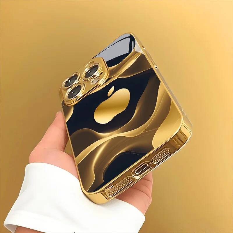 Gilded Fluid Apple Pattern Gold Metallic Paint Glass Phone Case For iPhone 11 12 13 14 15 16 17 Pro Max Plus 17Air 16E Cover
