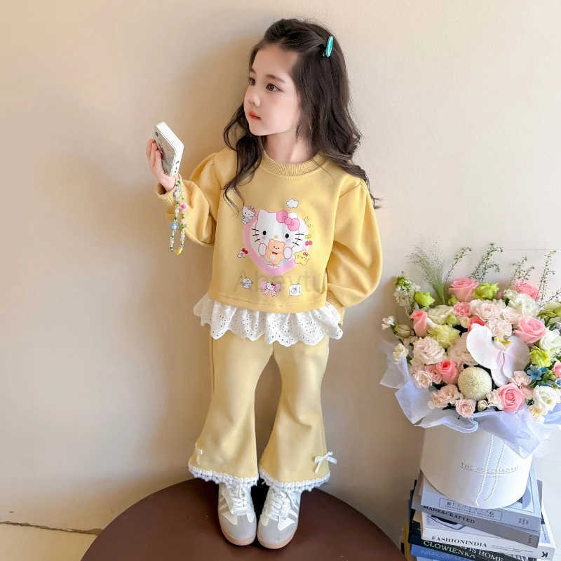 Sanrio Autumn Baby Girl Clothes Set Kid Hello Kitty Printed Sweatshirts Pullover TopPants 2pcs Suit Children Sweet Tracksuits Outfits H251216