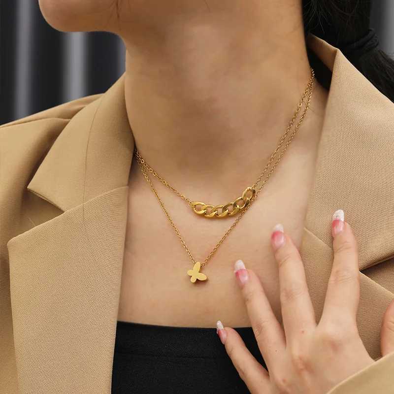 Double Layer Necklace Stainless Steel Gold Plated Butterfly Design Necklace M251216