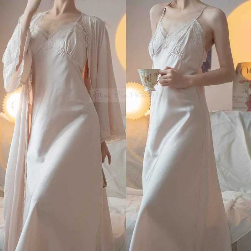 New Female Long Robe Nightgown Set Sexy Lace Trim Sleepwear Suspender Nightdress Spring Summer Casual Satin Home Dress Bathrobe C251216