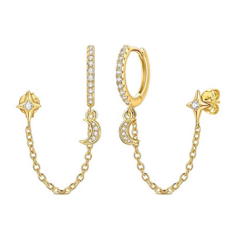 925 Sterling Silver Gold Color Star Moon Chain Stud Earrings for Women Girl Ear Studs Fine Jewelry Fashion Luxury Anniversary G251216