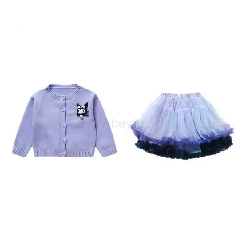 Sanrio Kuromi Girl Long Sleeves Sweater Suit Spring Autumn New Coat Two Piece Skirt Set Kawaii Childrens Clothing Cartoon H251216