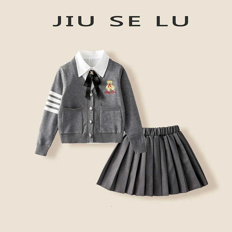 Sanrio 3Pcs Little Bear Children Jk Plaid Skirt Set Anime Y2K Cartoon Korean Cardigan Bow Tie Pleated Skirt Spring Autumn College Style H251216