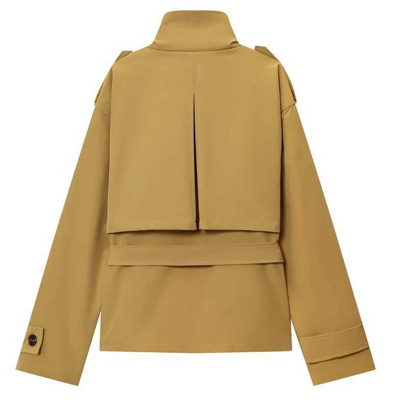HXAO Womens Trench Coat Autumn Woman Trench Cropped Coat Womens Belt Windbreaker Outerwear Long Sleeve Button Short TrenchT251216