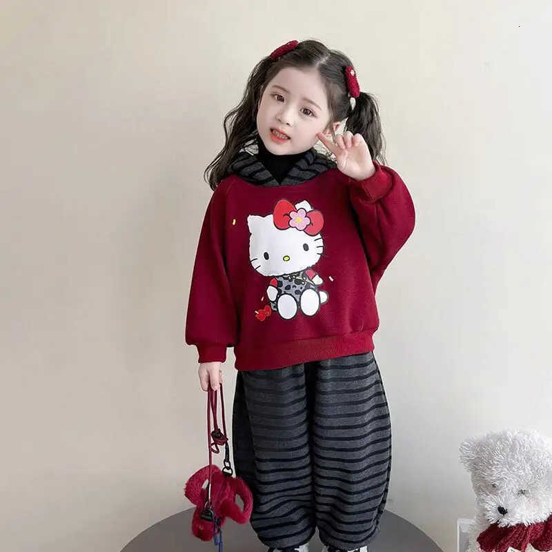 Sanrio Hello Kitty Thicken Two-Piece Set Hoodie Pants Girl Autumn Winter Hoodie Sportswear Child Kawaii Anime Cartoon Clothing H251216