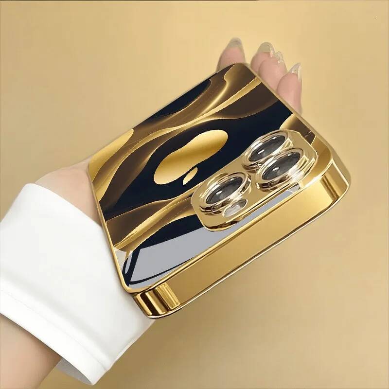 Gilded Fluid Apple Pattern Gold Metallic Paint Glass Phone Case For iPhone 11 12 13 14 15 16 17 Pro Max Plus 17Air 16E Cover