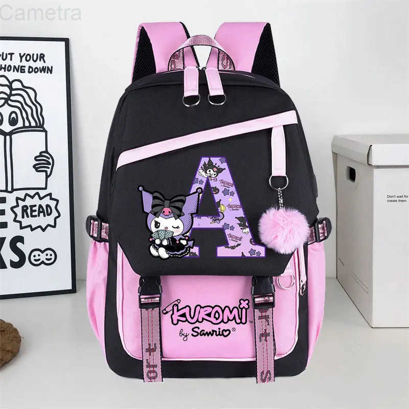 Sanrio Kuromi Large Capacity Backpack for Students Cartoon Letter A-Z Printed Schoolbag Fashion Book Stationery Storage Bag Gift H251216