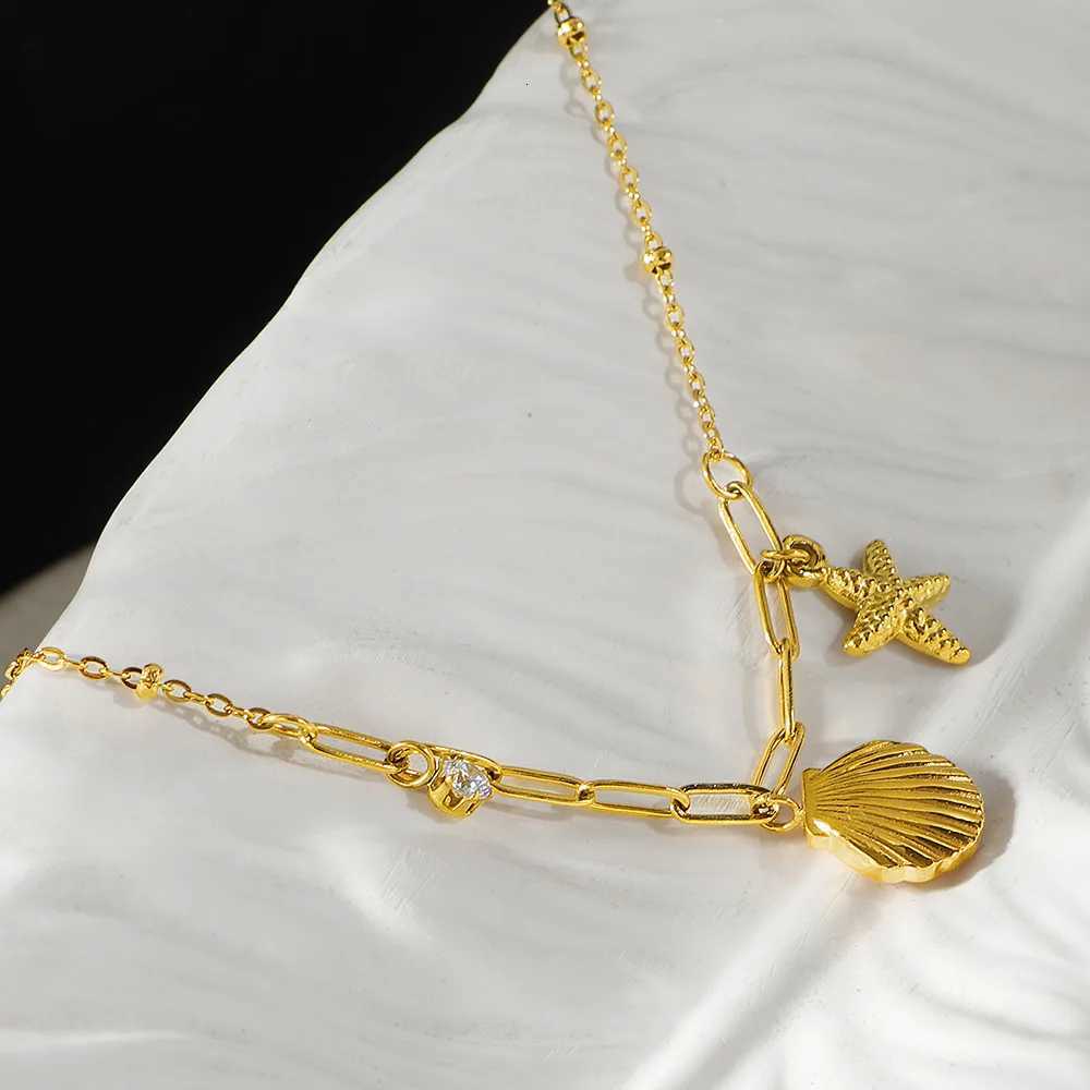 Summer Ocean Style Shell Starfish Charm Necklace Minimalist Zircon Stainless Steel Necklace for Women M251216