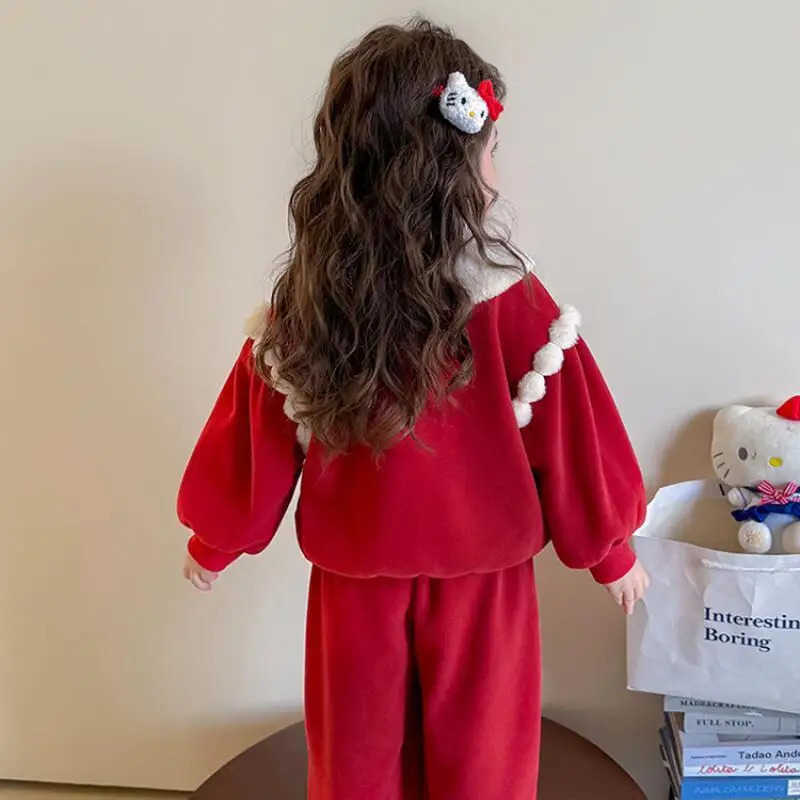 Sanrio Christmas Girls Hellokitty Cartoon Sportswear 2025 Winter New Kawaii Anime Thick Warm Coat 2Pcs Korean Style Fashion Sweet Sets H251216