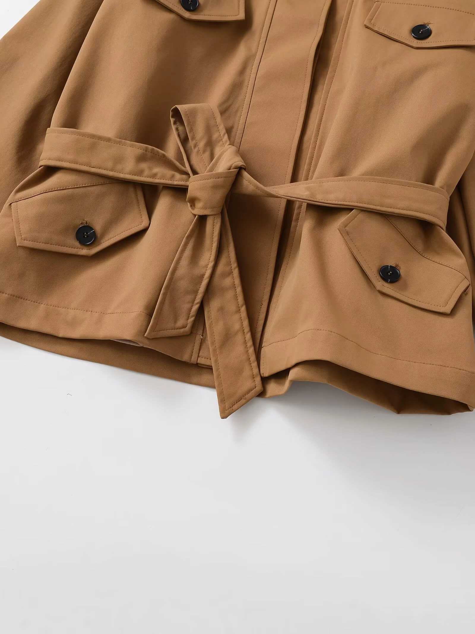 2025 Winter New Womens Casual Fashion Simple Style Stand Collar Long Sleeve Short Trench Coat with Belt and ButtonsT251216
