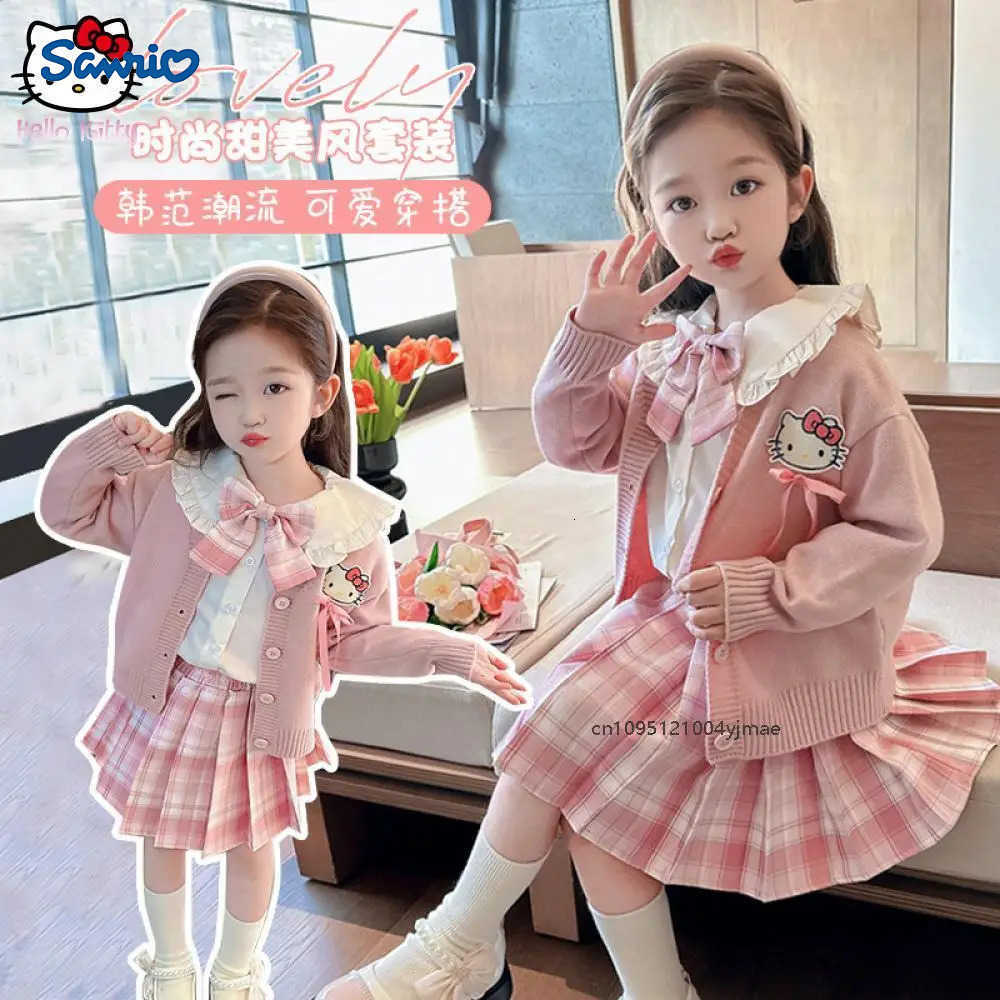 Sanrio 3Pcs Girls Jk Pleated Skirt Set Cardiganr Sweater Shirt Tie Uniform Hello Kitty Kuromi Sanrios Kids Fashion Autumn College Set H251216