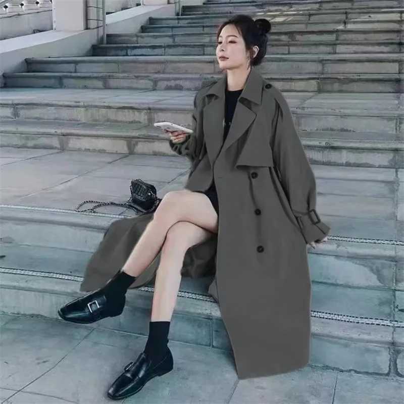 New Streetwear Loose Trench Coat Women Mid Long Fashion Korean Elegant Khaki Windbreaker Coat Casual Double Breasted Female TopsT251216