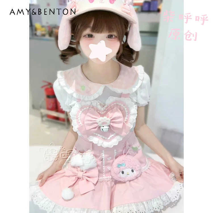 Sanrio Kawaii Girl Pink Strap Skirt Sets Summer New Sweet Cute Bow Love Suspender Slim Mini Dress Shirt Two Piece Sets Womens Outifits H251216