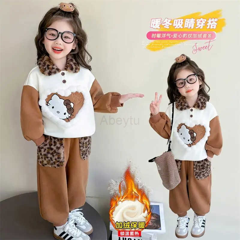 Sanrio Hello Kitty Homewear Set Love Small Girls Elegant Autumn Winter Girls Velvet Set Casual Children Cartoon Leopard Print H251216