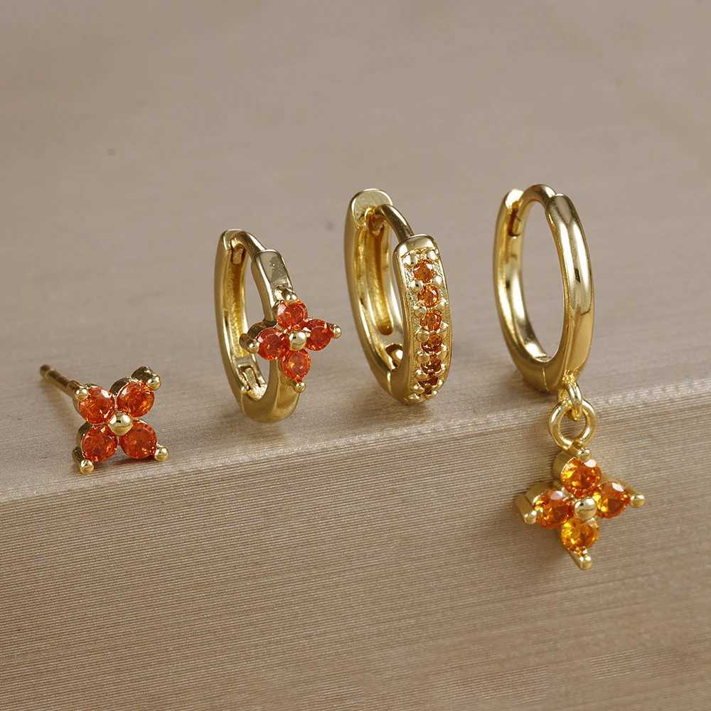 4pcs Fashion Cubic Zirconia Flower Hoop Earrings Set 18K Gold Plated Stainless Steel Stud Earring Piercing Jewelry aretes mujer G251216