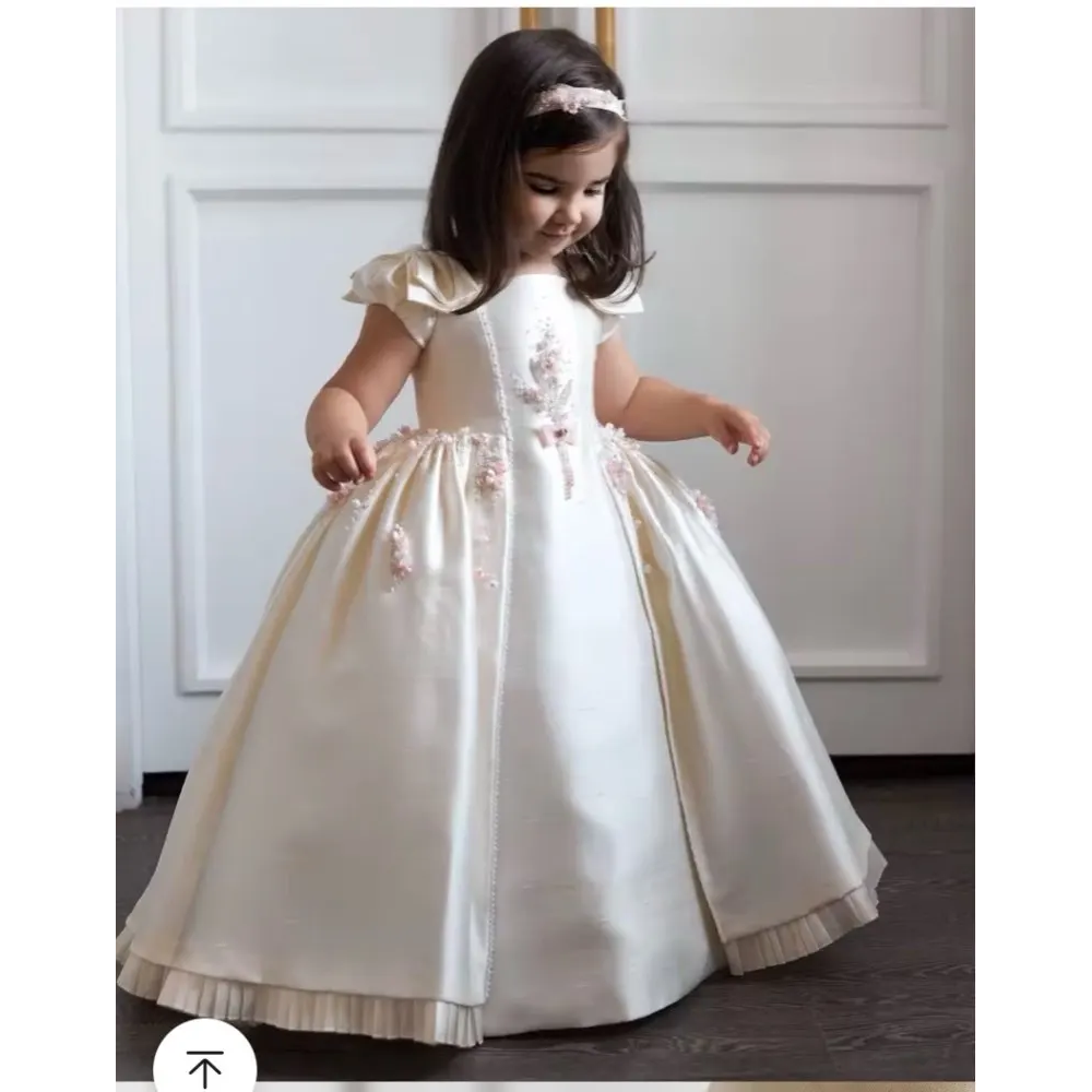 Princess White Ivory Satin Flower Girl Dresses With Detachable Cape Train Cute Baby Toddler Birthday Party Ball Gown Dress Floral Embroidery Robes BC2