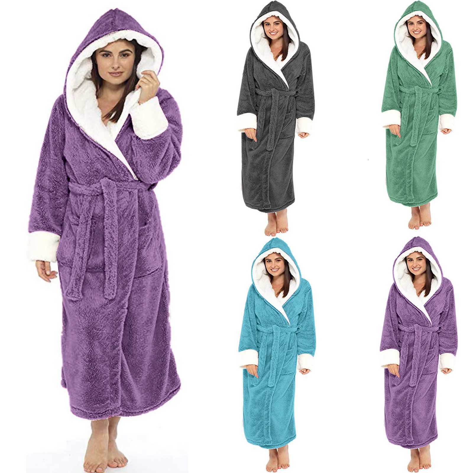 Thick Women Warm Bathrobe Robe Solid Hooded Ladies Dressing Gown Long Sleeve Soft Fluffy Cosy Flannel Bath Robes For Female C251216