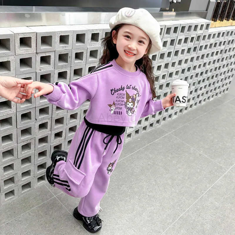 Sanrio Girls Kuromi Three Piece Set Western Style Hoodie Casual Autumn Spring 2025 New Childrens Fashion Outfit H251216