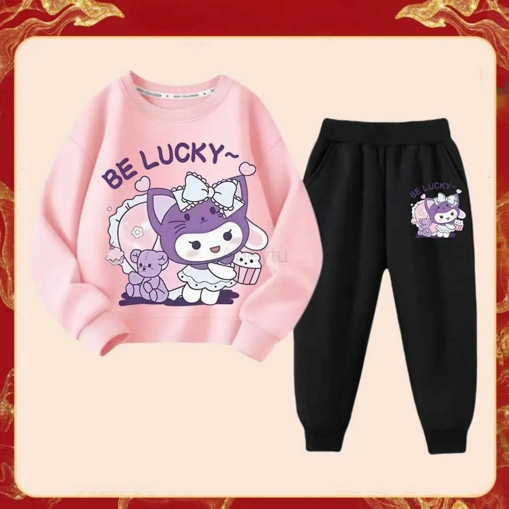 Sanrio 2025 Spring New Kids Cartoon Kuromi Clothing Sets Childrens Hoodies and Long Pants Two Piece Suit for Girl Casual Sweatsuit H251216